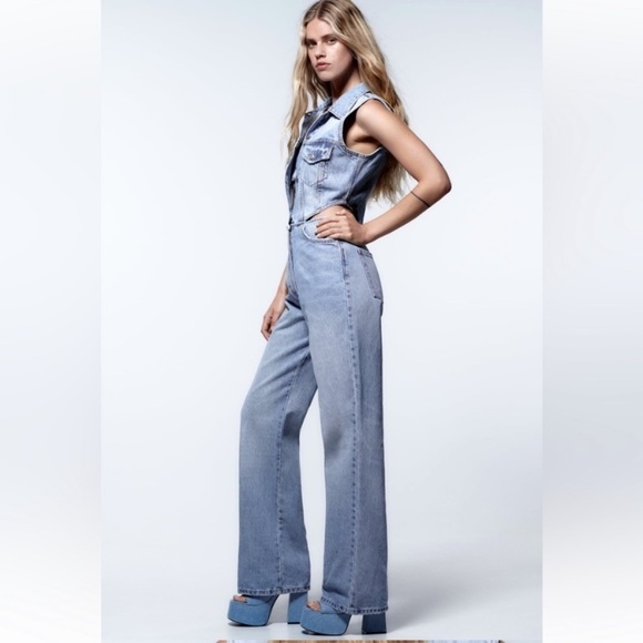 NWOT Zara Wide leg Cutout Denim Jumpsuit 26 - Picture 3 of 11